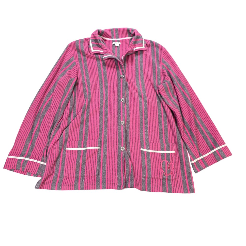 DKNY Fleece Button Front Pajama Top Women's Size XL Pink Gray Striped